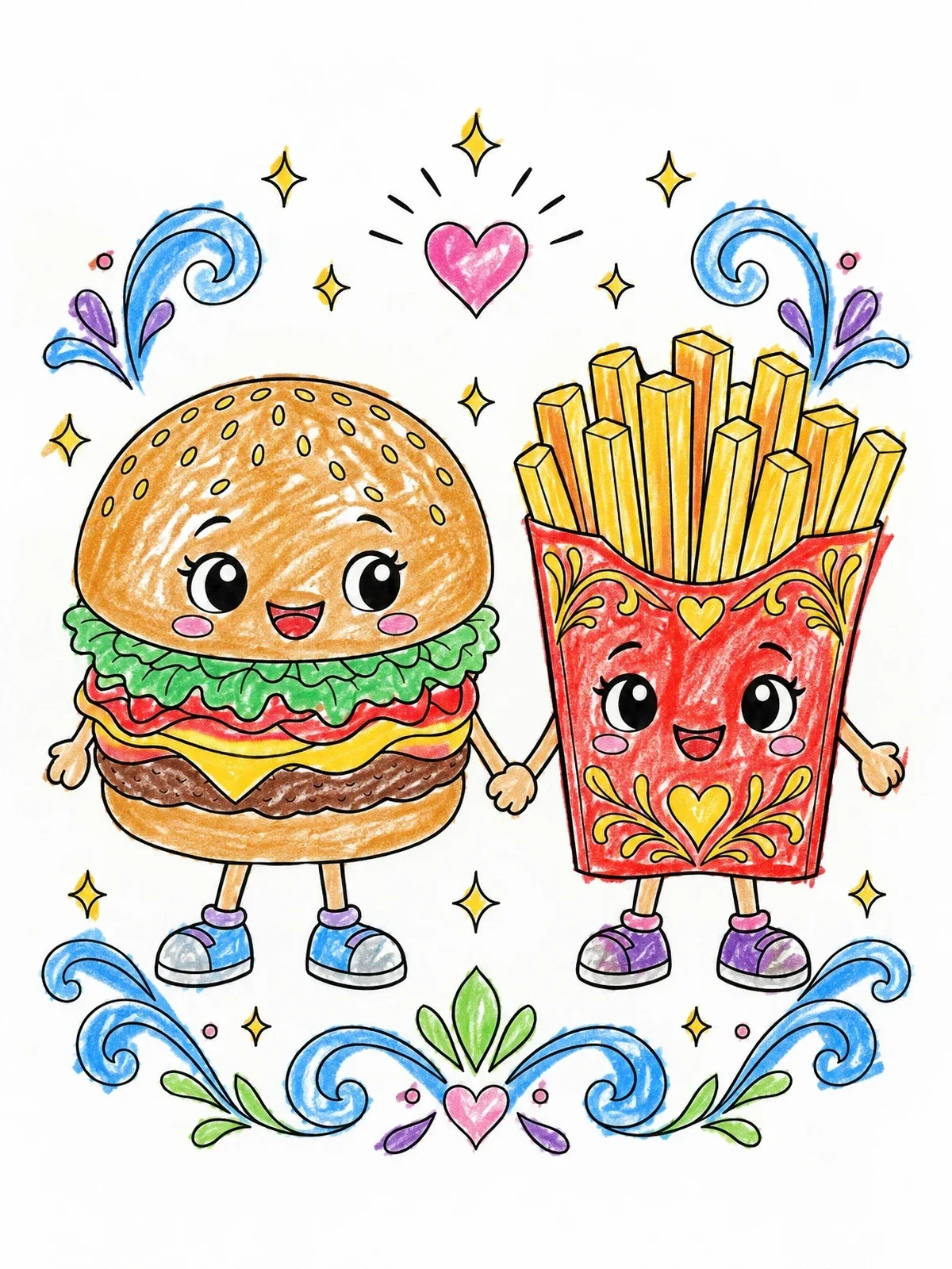 Colored example of the Cute Burger And French Fries Friends coloring page
