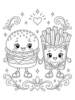 A sweet french fries coloring page with a smiling burger and fry carton holding hands among hearts.