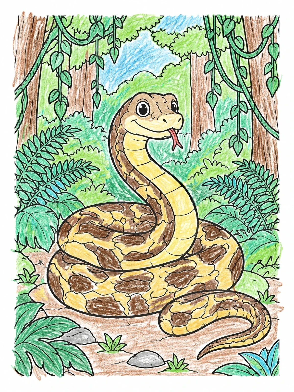 Colored example of the Cute Burmese Python In Rainforest coloring page