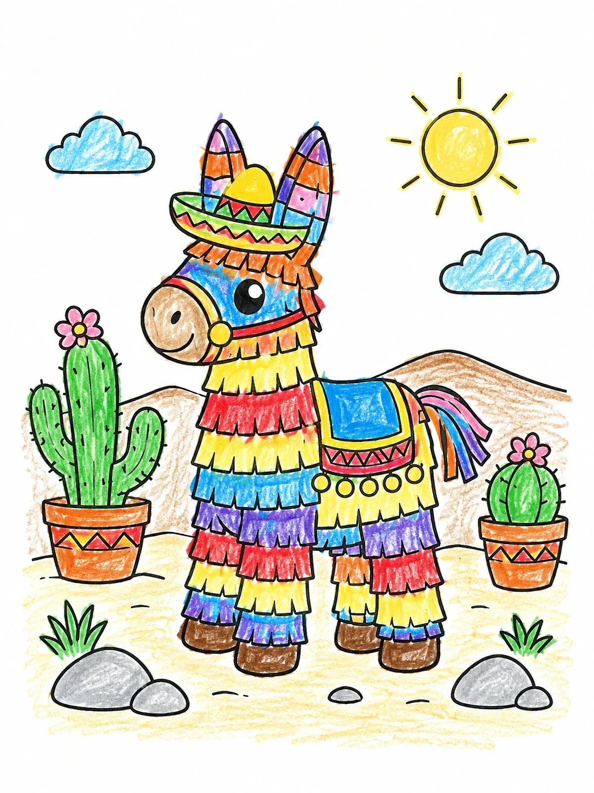 Colored example of the Cute Burro Piñata In The Desert coloring page