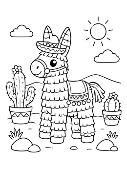 A cute donkey pinata coloring page wearing a mini sombrero next to flowering cacti in the desert.