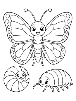 A cheerful butterfly above two cute pill bugs on this bug coloring page.