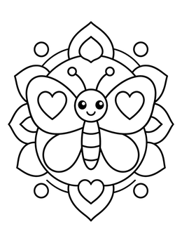 Free printable Cute Butterfly Mandala With Hearts coloring page