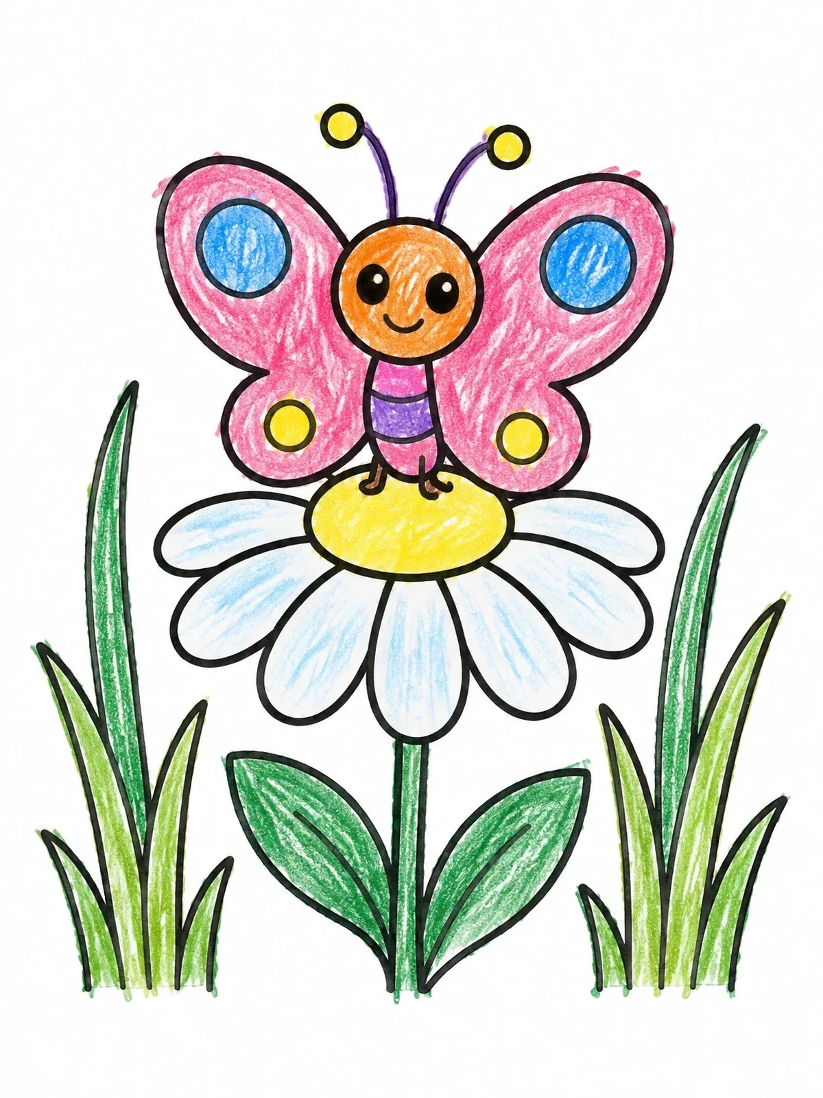 Colored example of the Cute Butterfly On A Daisy coloring page