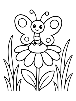 A cute daisy flower coloring page featuring a happy little butterfly resting on its petals.