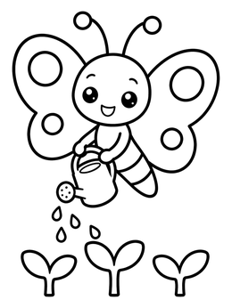 Free printable Butterfly Watering Garden Sprouts coloring page