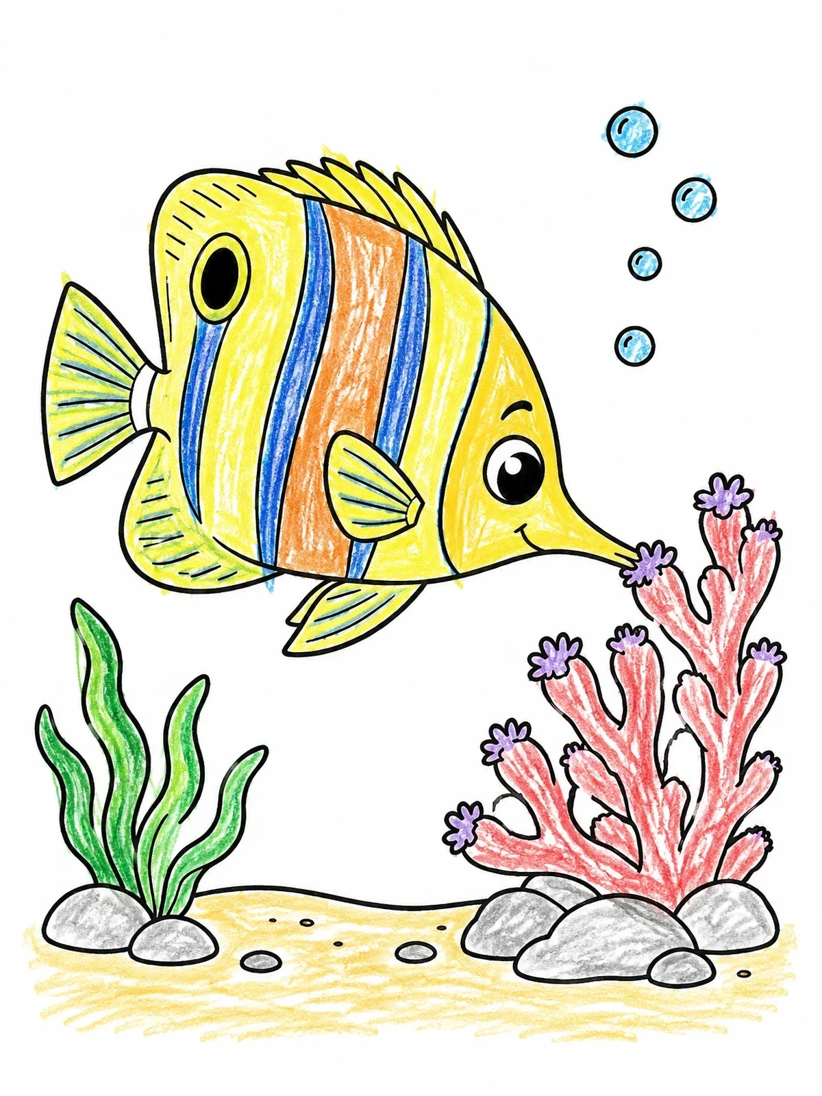Colored example of the Cute Butterflyfish Nipping At Coral coloring page