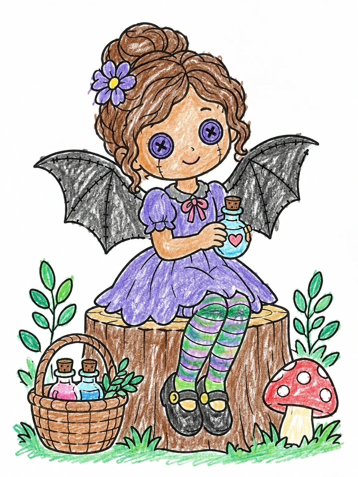 Colored example of the Cute Button Eyed Gothic Fairy Doll coloring page