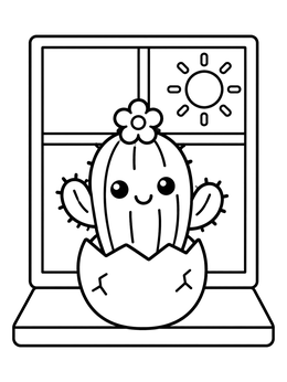 A happy cactus in an eggshell planter on this cactus coloring page.