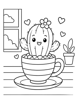 Free printable Cute Cactus In A Teacup coloring page