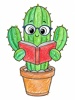 Cute Cactus Reading A Book Coloring Page