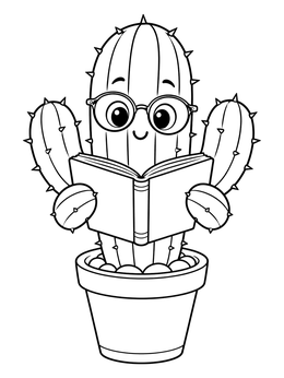 A friendly cactus coloring page featuring round glasses and an open book in a small pot.