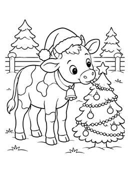 Free printable Cute Calf With Small Christmas Tree coloring page
