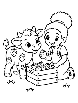A cheerful girl sharing fresh berries with a calf on this strawberry coloring page.