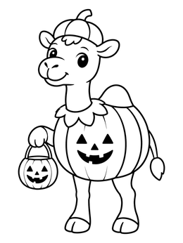 A cute camel coloring page showing a baby camel dressed as a pumpkin for Halloween.