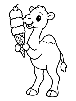 A cheerful cartoon camel coloring page holding a tall ice cream cone with a cherry on top.