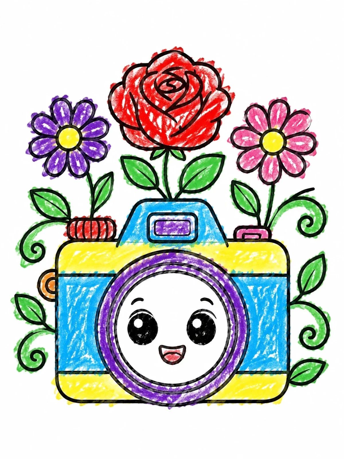 Colored example of the Cute Camera With Blooming Flowers coloring page