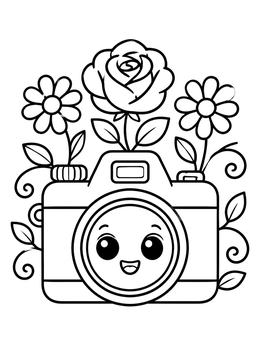 Free printable Cute Camera With Blooming Flowers coloring page