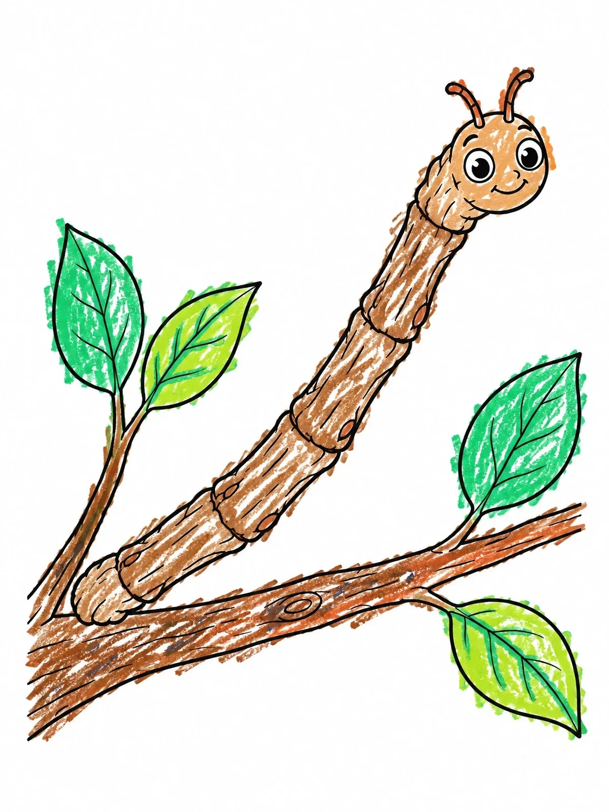 Colored example of the Cute Camouflaged Inchworm On Branch coloring page