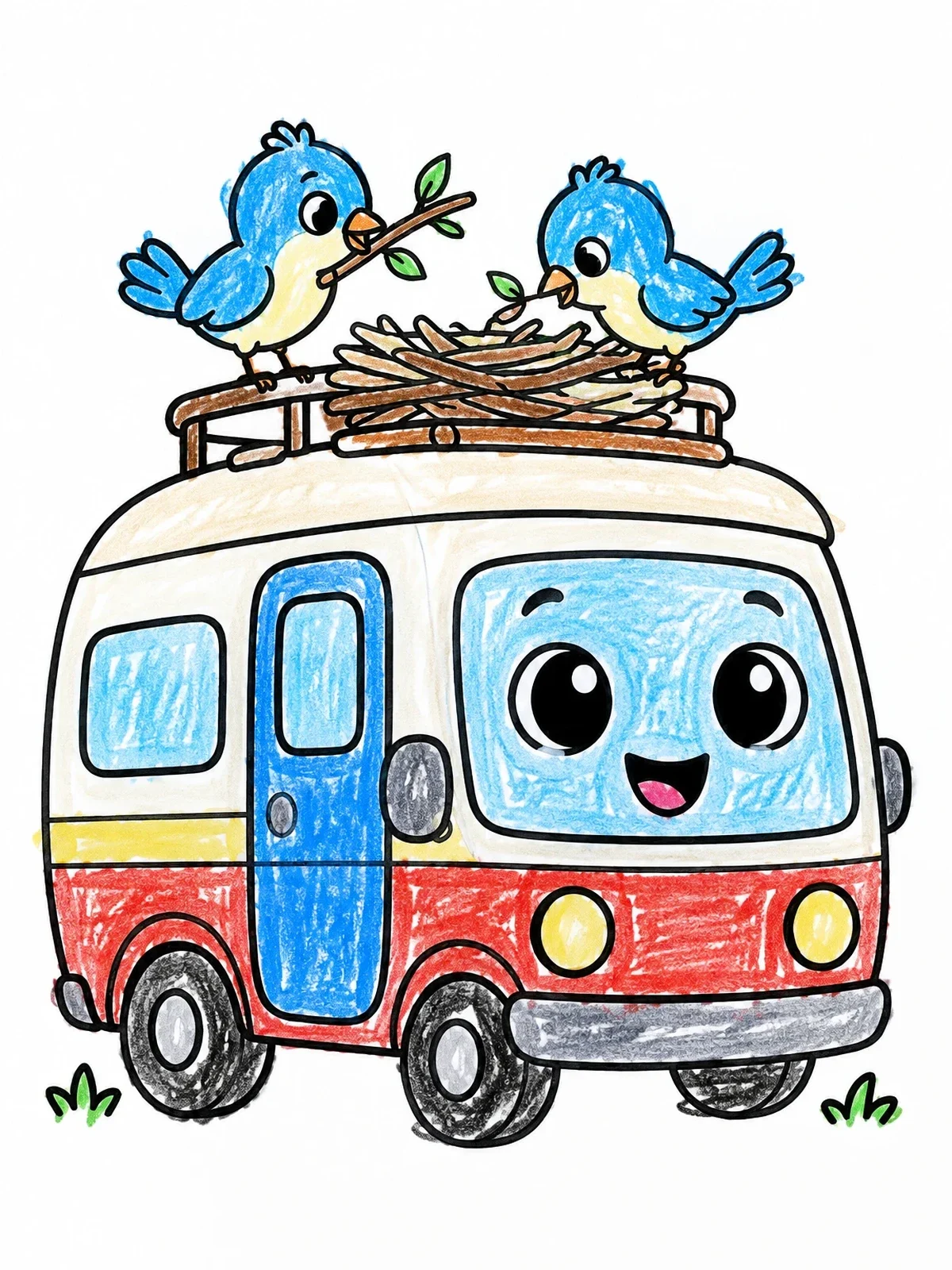 Colored example of the Cute Camper With Nesting Songbirds coloring page