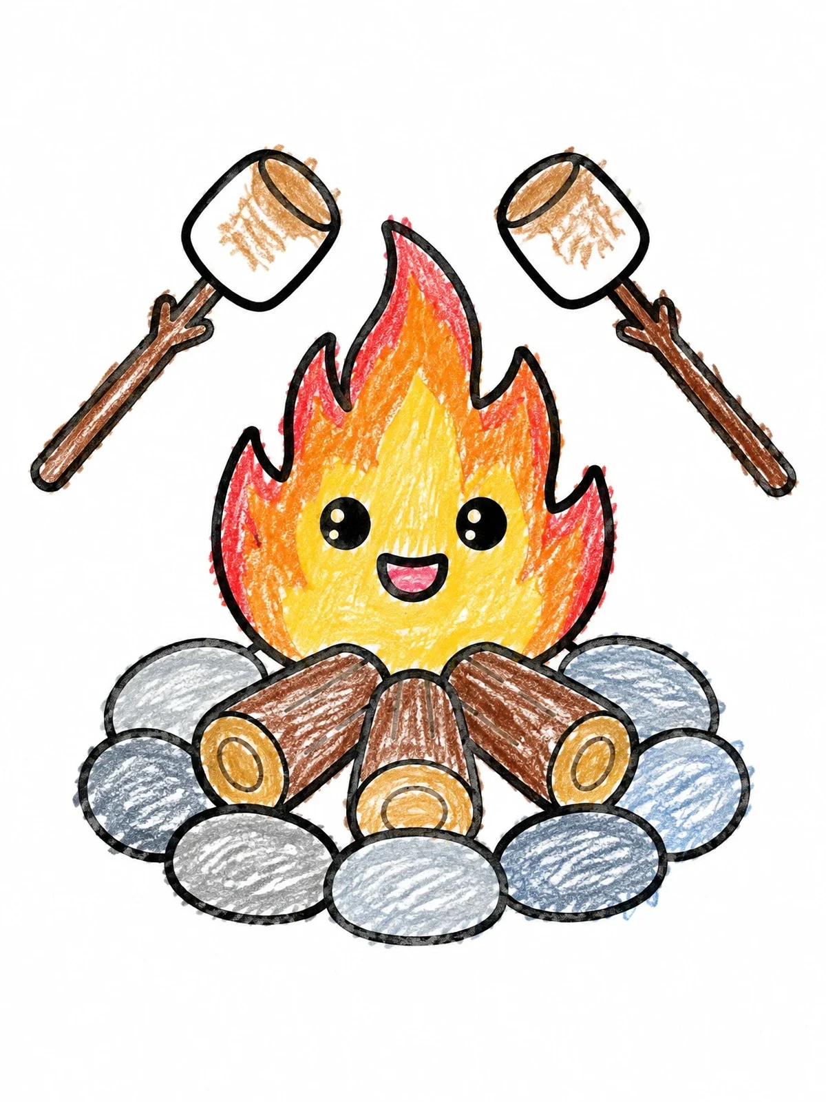 Colored example of the Cute Campfire With Roasting Marshmallows coloring page
