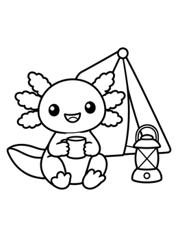 A smiling axolotl coloring page sitting outside a small tent with a warm mug and lantern.