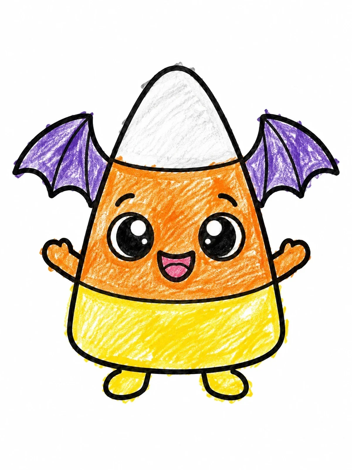 Colored example of the Cute Candy Corn Bat Character coloring page