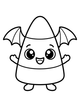 A candy corn coloring page featuring a smiling candy corn character with small bat wings.