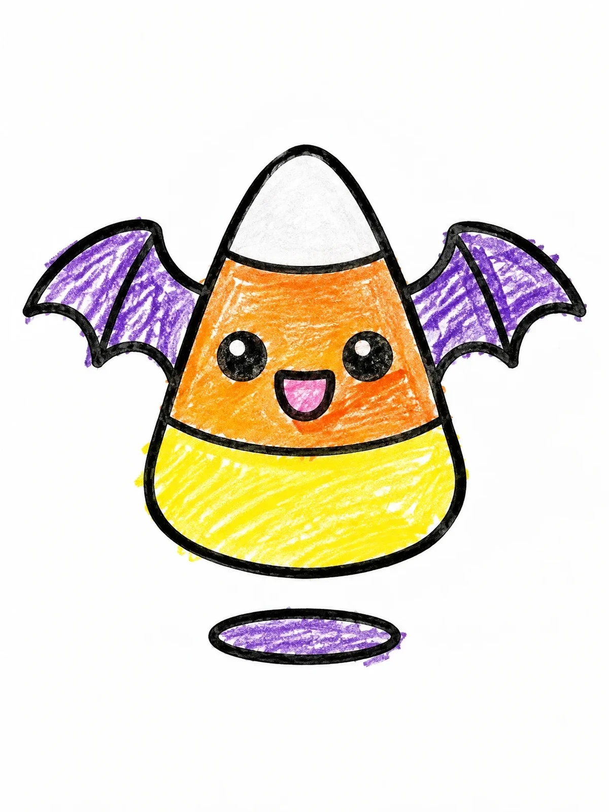 Colored example of the Cute Candy Corn With Bat Wings coloring page