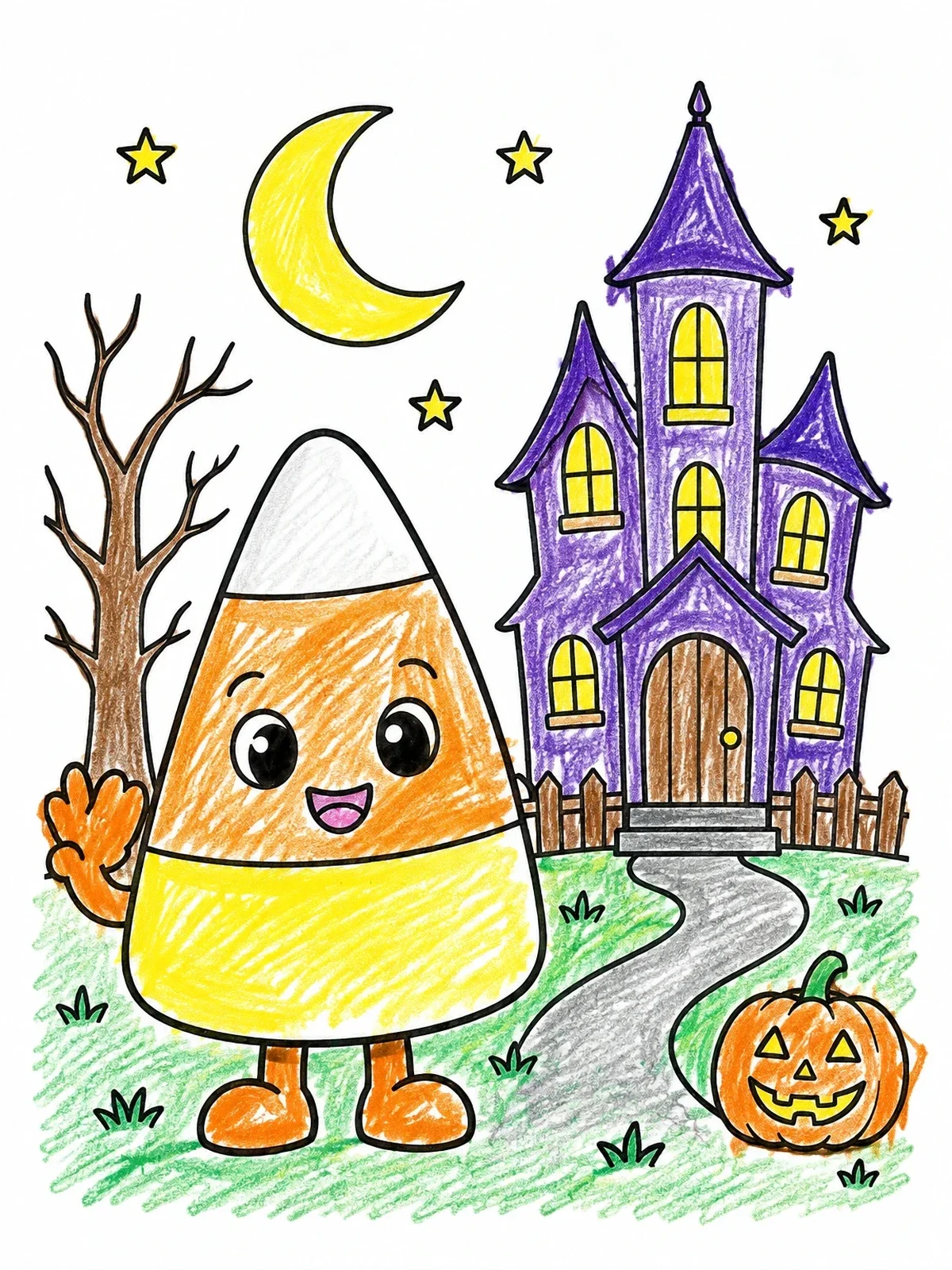 Colored example of the Cute Candy Corn By Haunted House coloring page