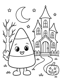 A cheerful candy corn coloring page beside a haunted house under the crescent moon.