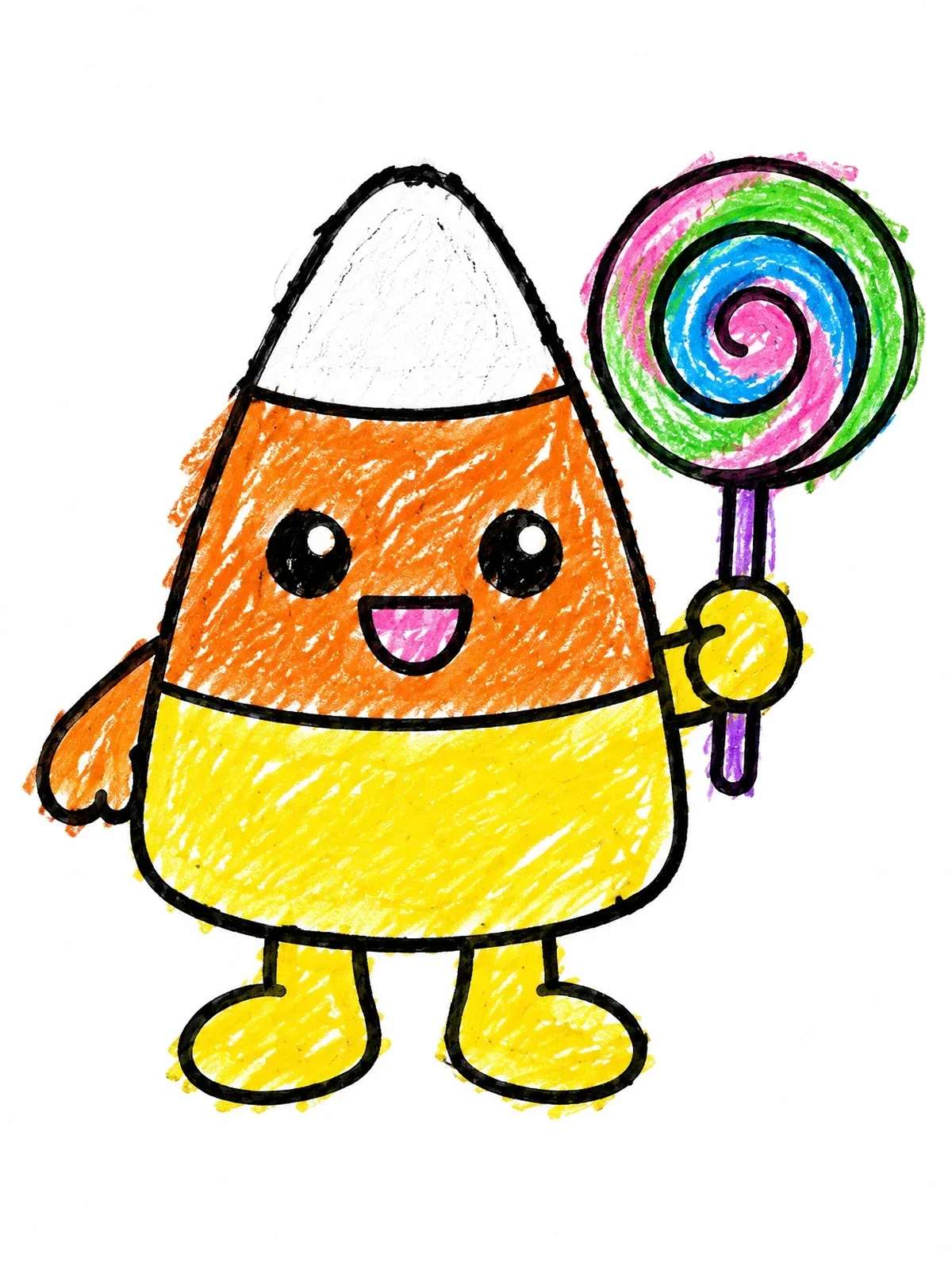Colored example of the Cute Candy Corn Holding A Lollipop coloring page