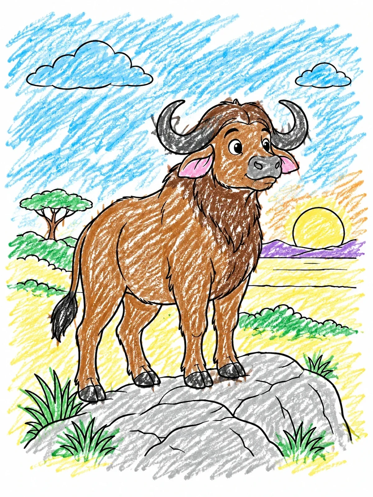 Colored example of the Cute Cape Buffalo On A Rock coloring page