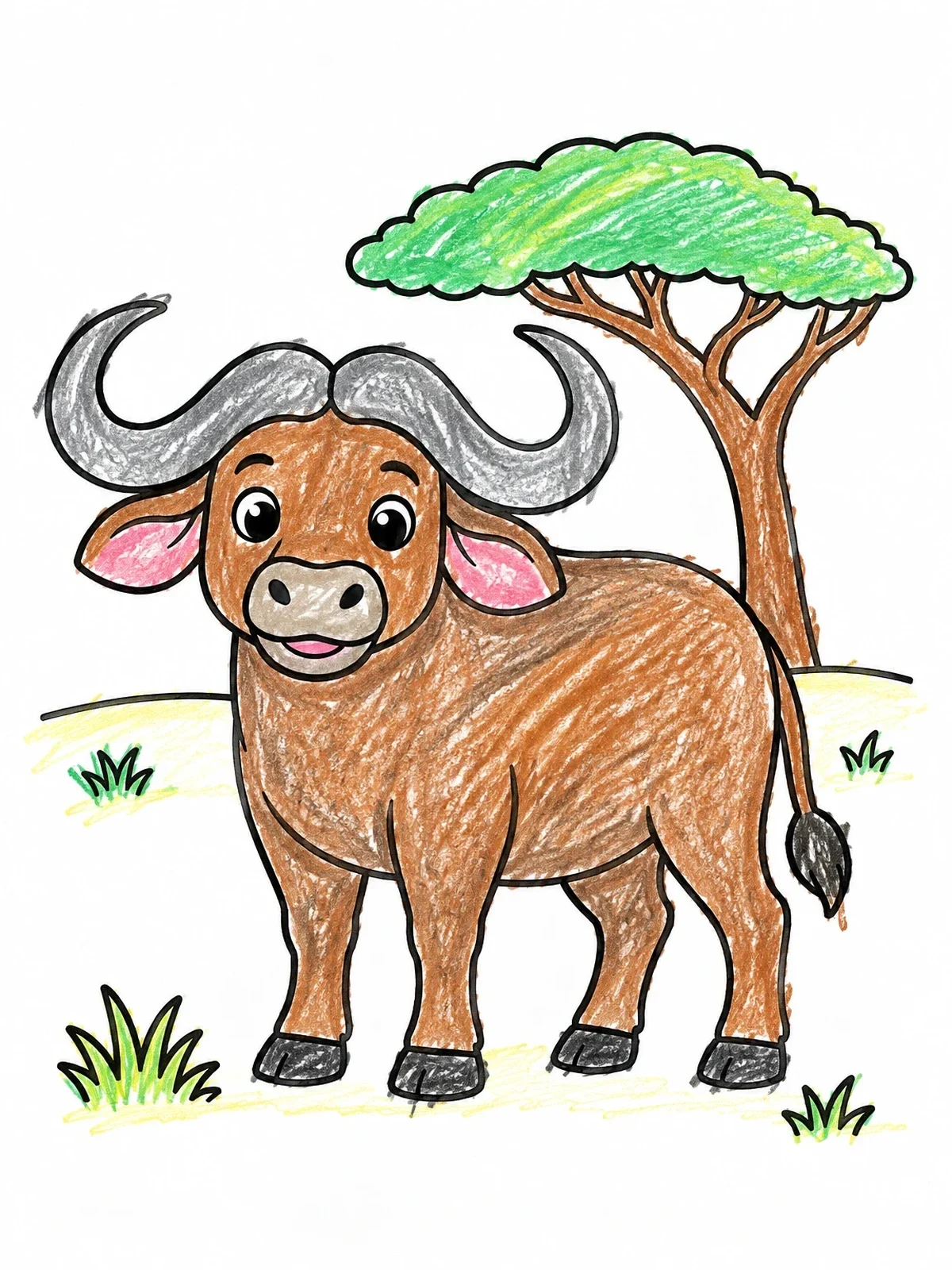Colored example of the Cute Cape Buffalo On The Savanna coloring page