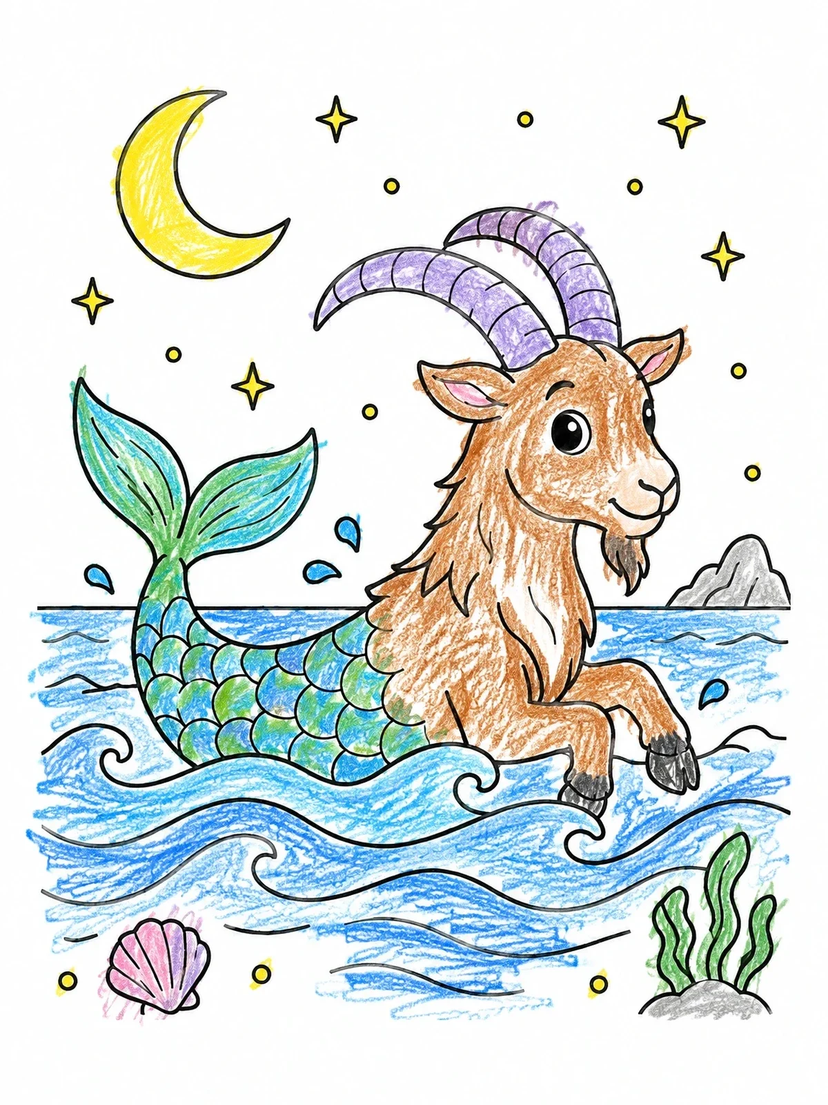 Colored example of the Cute Capricorn Sea Goat In Ocean coloring page