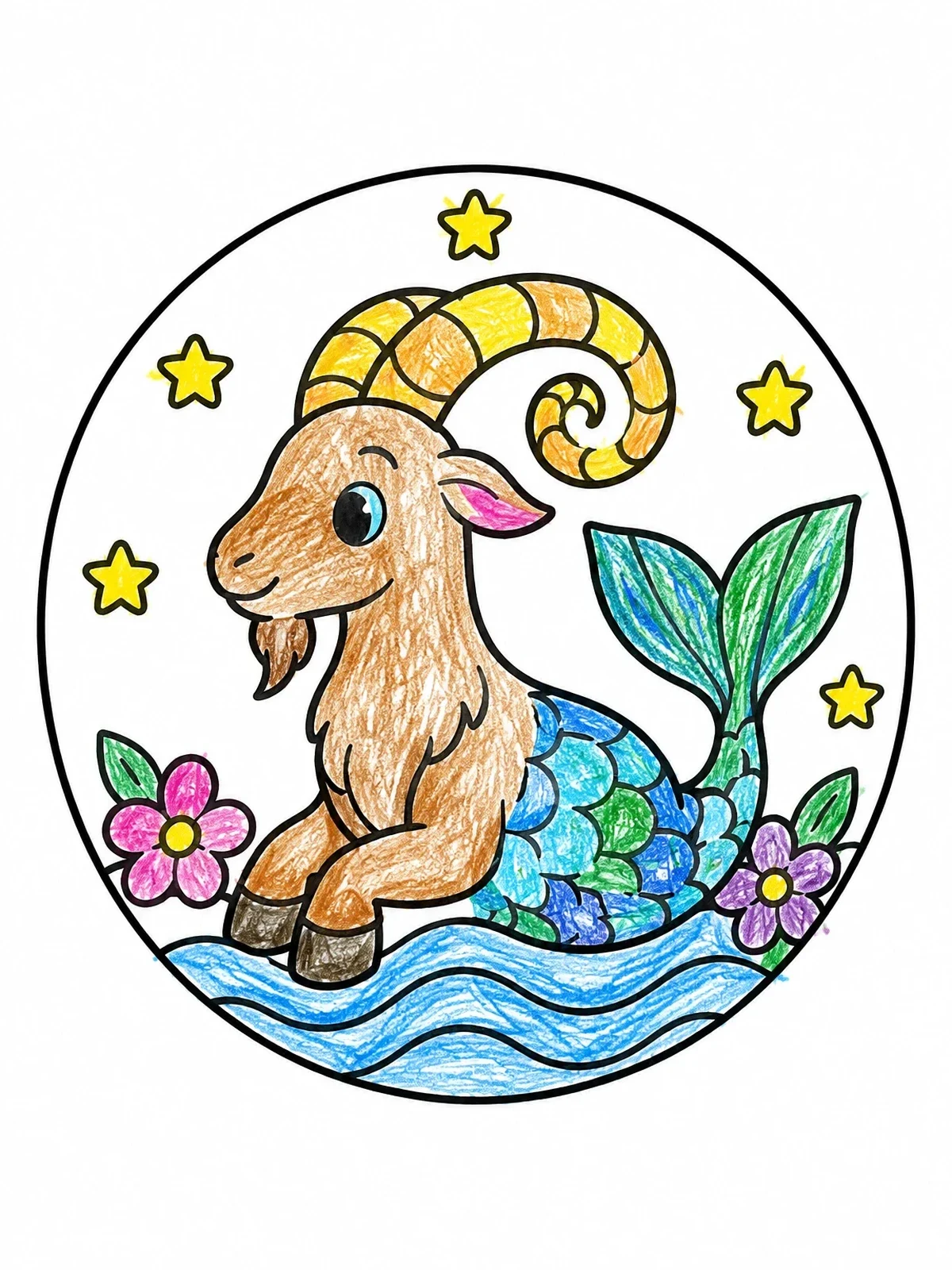 Colored example of the Cute Capricorn Sea Goat In Star Frame coloring page