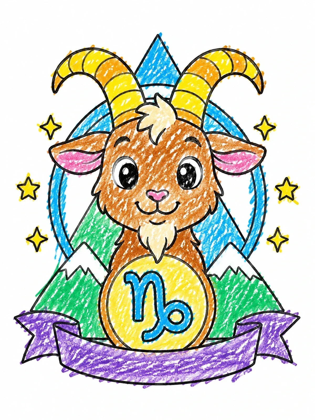 Colored example of the Cute Capricorn Zodiac Sign Emblem coloring page