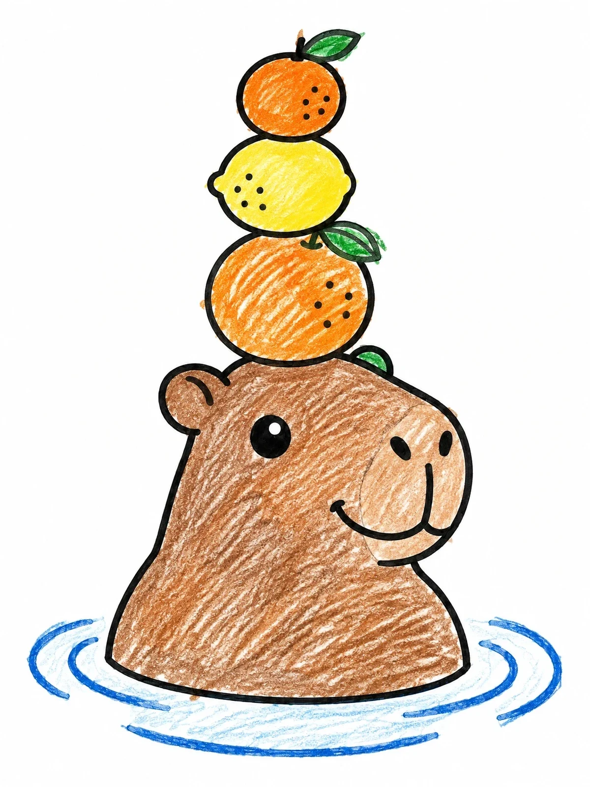 Colored example of the Cute Capybara Balancing Citrus Fruits coloring page