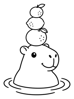 A cute capybara coloring page with citrus fruits stacked on its head in water.