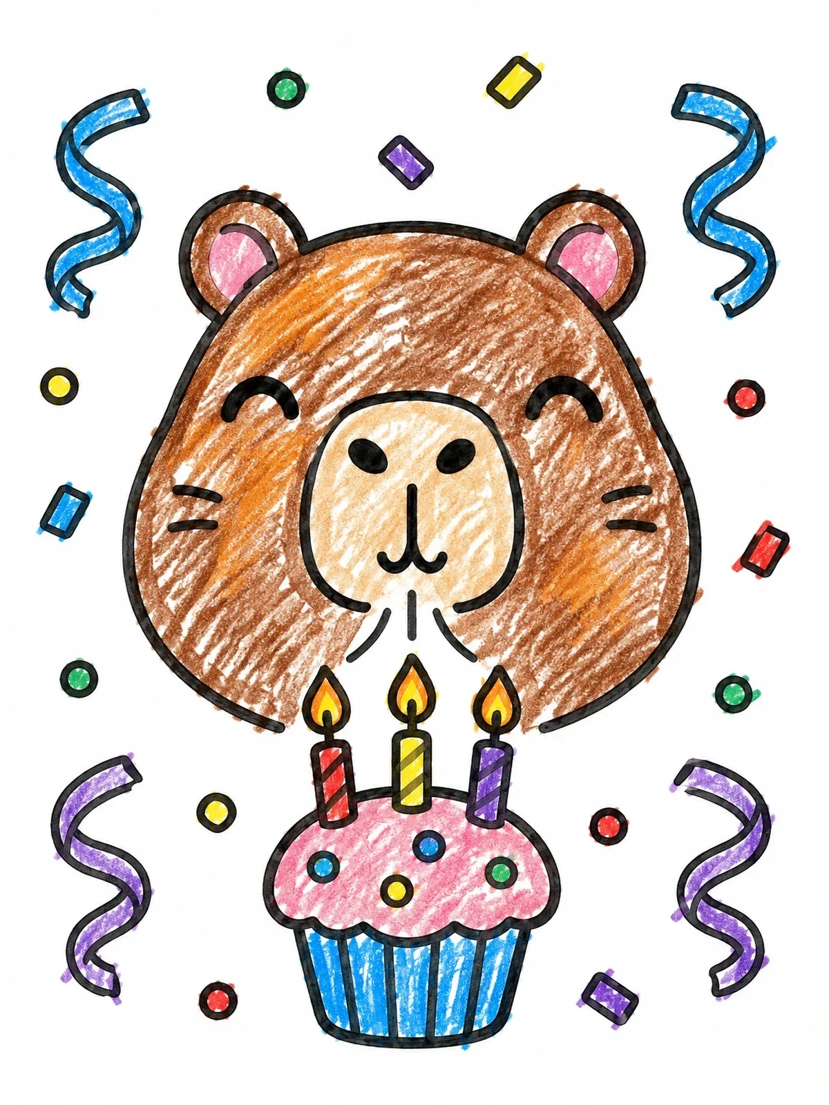 Colored example of the Cute Capybara With Birthday Cupcake coloring page