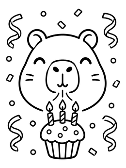 A cute capybara coloring page with a birthday cupcake and party confetti.