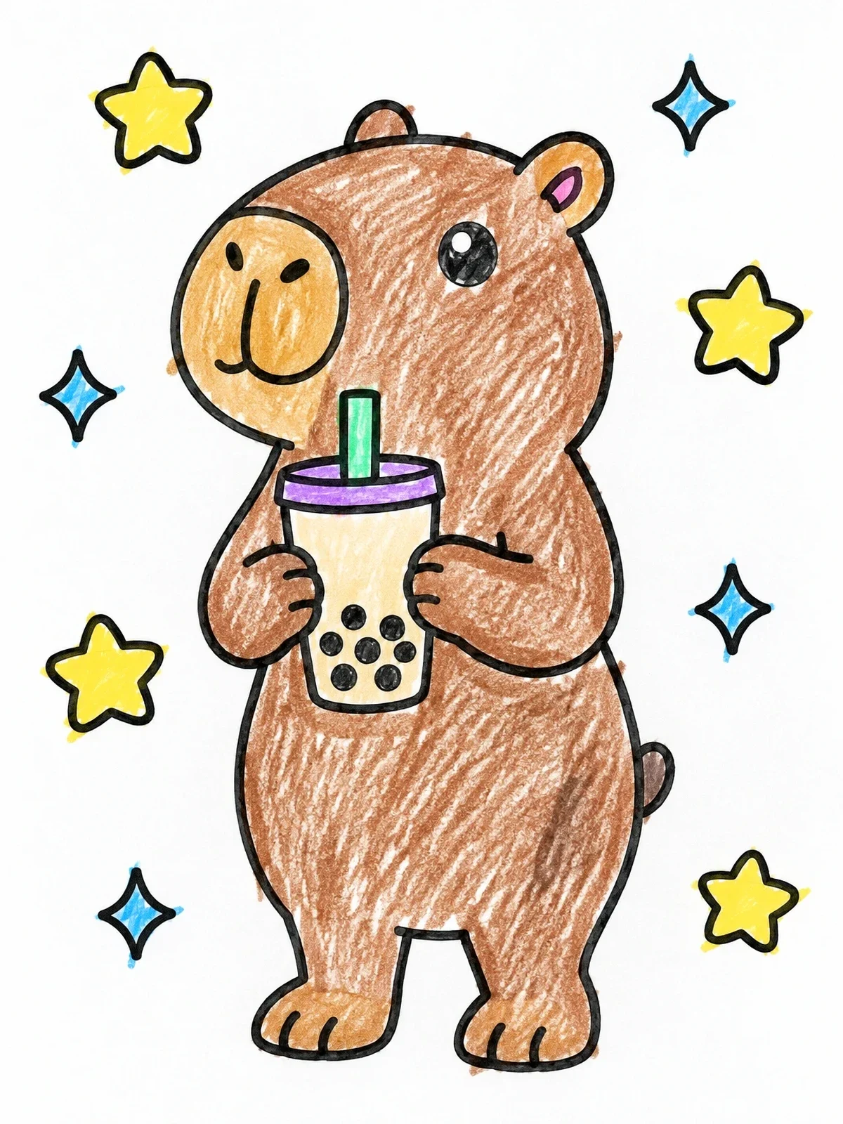 Colored example of the Cute Capybara Drinking Boba Tea coloring page
