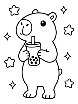 A cute capybara coloring page showing a standing capybara holding a boba cup with stars.