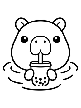 A cute capybara coloring page showing the animal in water sipping bubble tea.