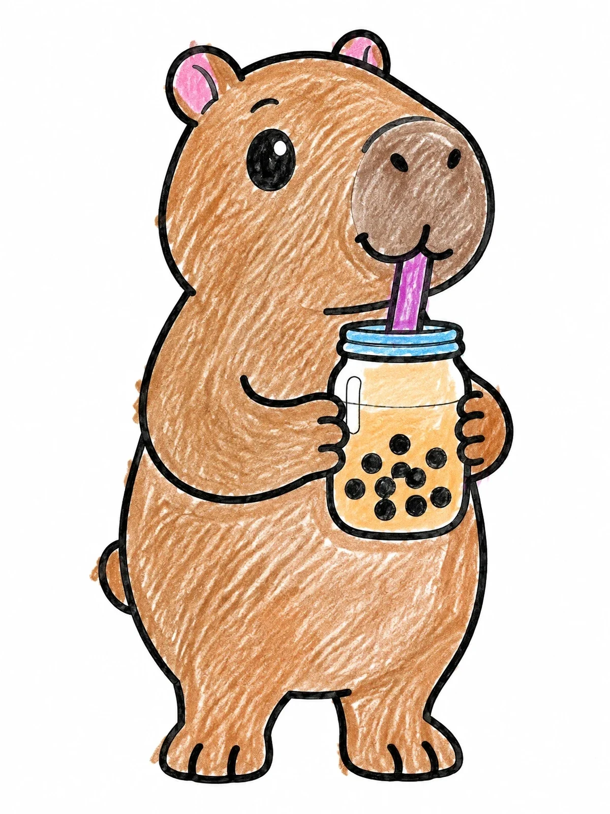 Colored example of the Cute Capybara Drinking Bubble Tea coloring page