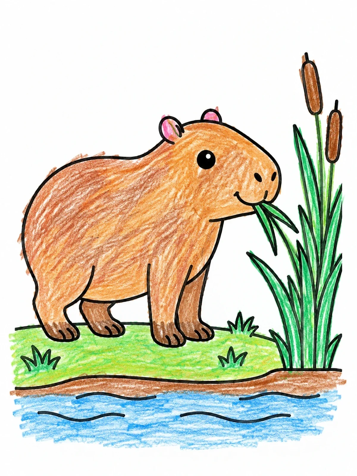 Colored example of the Cute Capybara Eating River Grass coloring page