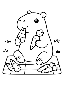 A friendly capybara coloring page showing the animal snacking on carrots and bamboo shoots.