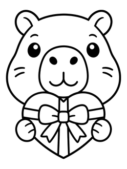 A sweet capybara coloring page holding a heart shaped present with a bow.