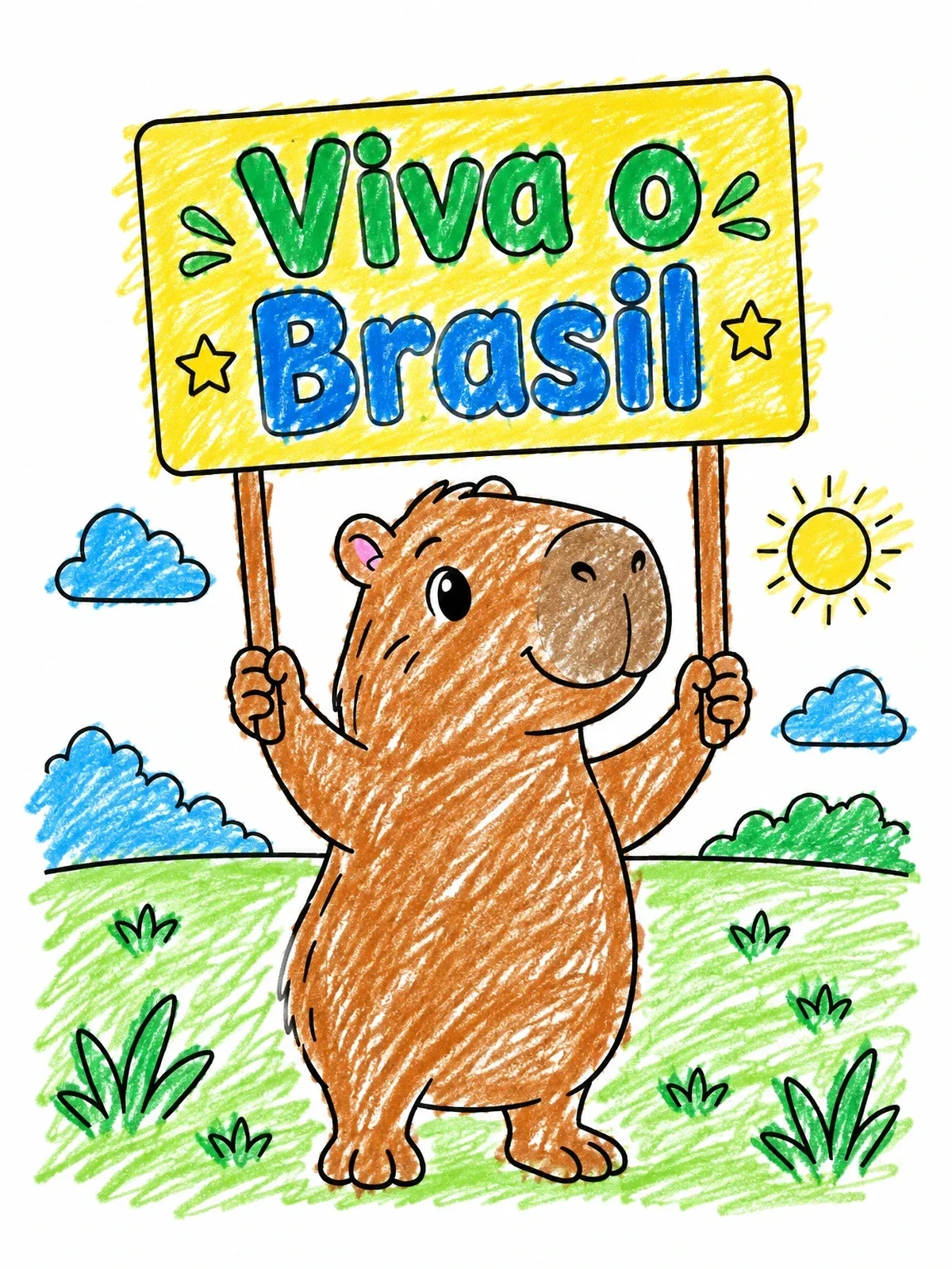 Colored example of the Cute Capybara Holding Brazil Sign coloring page