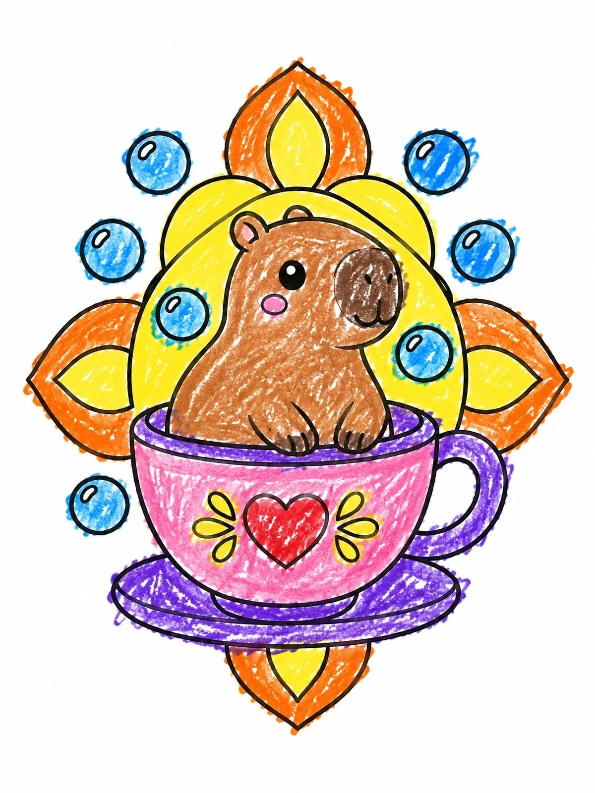 Colored example of the Cute Capybara In A Teacup coloring page
